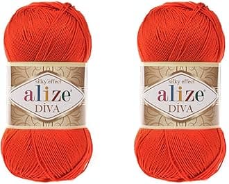 Alize Diva Yarn Hand Knitting Yarn 100% Microfiber Acrylic Yarn Alize Diva Silk Effect Thread Crochet Art Lace Craft Lot of 2 skeins 200gr 767 yds (37-Orange)