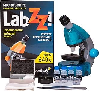 Levenhuk LabZZ M101 Azure 640x Portable Educational Kids Microscope Science Kit with LED Light, STEM Toys Accessory Set, Blank & Prepared Sample Slides, Beginner Experiment Guide for Children (DE)