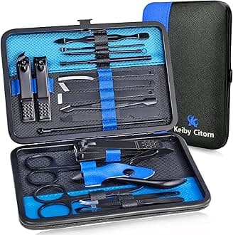 Professional Stainless Steel Nail Clipper Travel & Grooming Kit Nail Tools Manicure & Pedicure Set of 18pcs with Luxurious Case (Black/Blue)