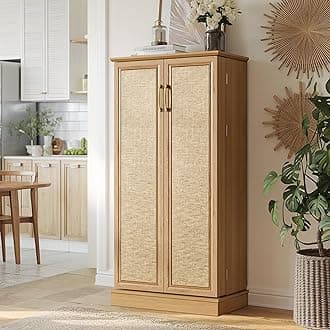 50" Kitchen Pantry Cabinets - Led Food Storage Cabinets Cupboards with Paper Rattan Doors with Shelves Adjustable for Small Space in Dinning, or Living Room