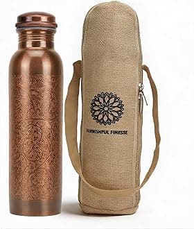 FURNISHFUL FINESSE 34 Ounce Antique Copper Bottle 1000 ml Pure Copper Water Bottles with Canvas Carry Bag for Sports, Gym Yoga, Hiking, Handmade Antique Ayurvedic Vessel 1 liter - Pack of 1