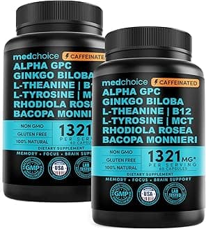 12-in-1 Nootropic Brain Supplement with Caffeine Anhydrous - Ginkgo Biloba for Brain Support, Memory, Focus - B12, Alpha GPC, L Theanine, Choline Supplements with Bioperine, 1321mg, (60ct, Pack of 2)