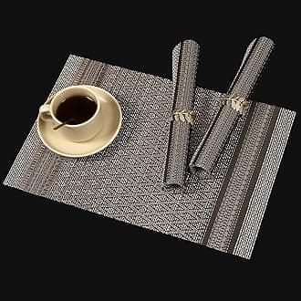 FAVE Placemats Set of 6 Brown Placemat Woven with Silver Thread Vinyl Placemats Heat Resistant Table Mats Set of 6 High Texture Place Mats for Kitchen Table(Brown)