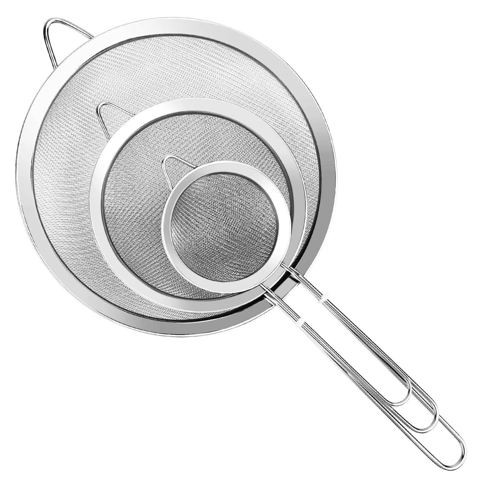 3Pcs Super Wire Extra Fine Mesh Strainer with Handle, Small Medium Large Size Sifter Metal Strainer Set, Stainless Steel Sieve Fine Mesh Strainers for Kitchen Rice Juice Quinoa Food Flour Baking YLYL