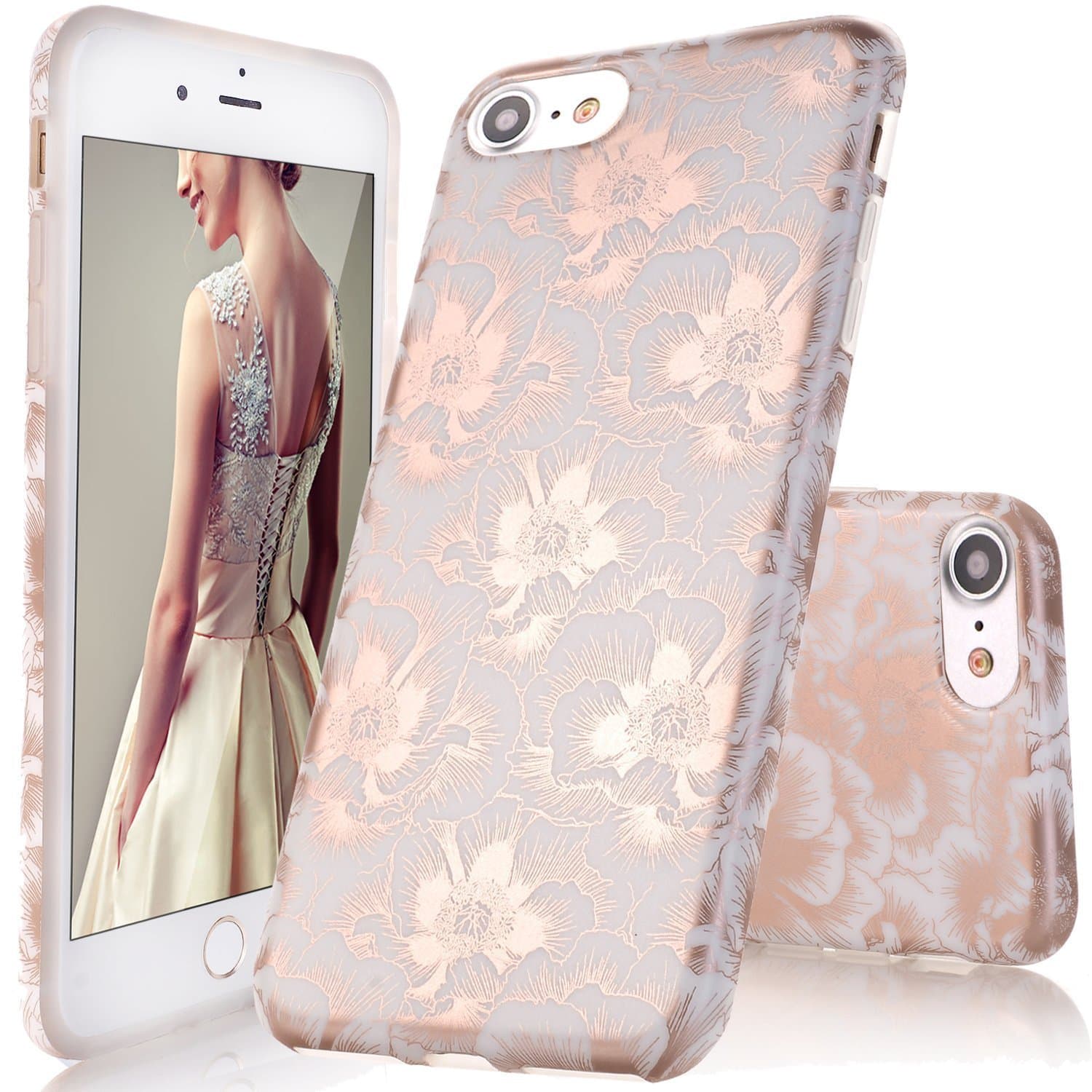 iPhone 6 Plus Case,DOUJIAZ Floral Pattern Slim Shockproof Soft Glossy TPU Soft Case Rubber Silicone Skin Cover for Apple iPhone 6 Plus/6s Plus 5.5" - Rose Gold Peach Blossom