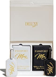 DELUXY Mr & Mrs Luggage Tags & Passport Holder Set - Wedding Gift for Couple, Newlywed Gifts, His & Hers, 4 Count, White Box