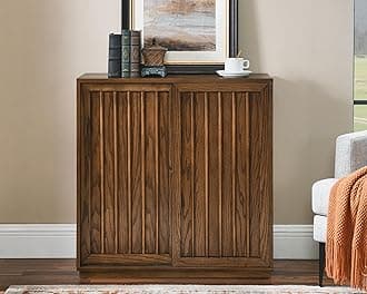 LKTART Mid Century Modern Sideboard Buffet Cabinet with 2 Fluted Sliding Door,Small Storage Cabinet with Outlet Holes for Living Room, Kitchen, Entryway, Hallway 32" Walnut