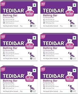 Tedibar Moisturising Baby Bathing Bar with Skin Friendly PH|100% Soap Free|Prevents Dryness & Rashes|Dermatologically Tested 75gm x Pack of 6