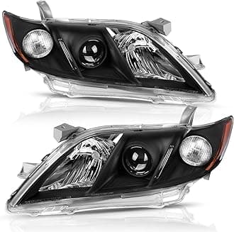 For Toyota Camry 2007-2009 Headlight Assembly Black Housing Amber Reflector Clear Lens Headlamps Replacement (Driver and Passenger Side)