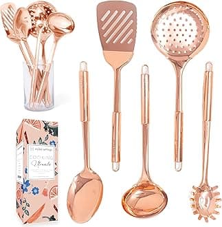 Copper Cooking Utensils Set - Rose Gold Kitchen Serving Tools, 5 PCS Stainless Steel: Ladle, Spoon, Pasta Fork, Spatula, Skimmer