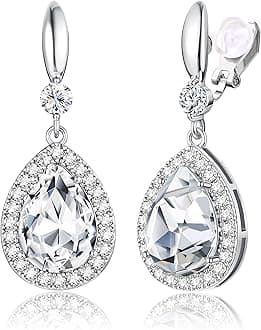 Elegant Clip on Earrings for Women,Sparkling Teardrop Dangle Clip Earrings,Non-Pierced Rhinestone Cubic Zirconia Wedding Prom Jewelry 14K Gold and Silver Tone
