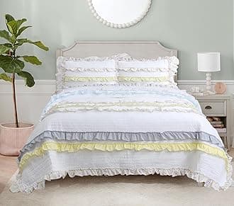 Cozy Line Home Fashions Light Yellow Blue Ruffle Stripe Floral 100% Cotton Reversible Girl Quilt Bedding Set, Reversible Coverlet Bedspread for All Season (California Dreaming, Twin-2 Piece)