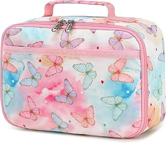 LEDAOU Lunch Bag Kids Insulated Lunch Box Girls Insulated Reusable Lunch Bag for School Picnic Hiking Work(Butterflies 14 Pink)