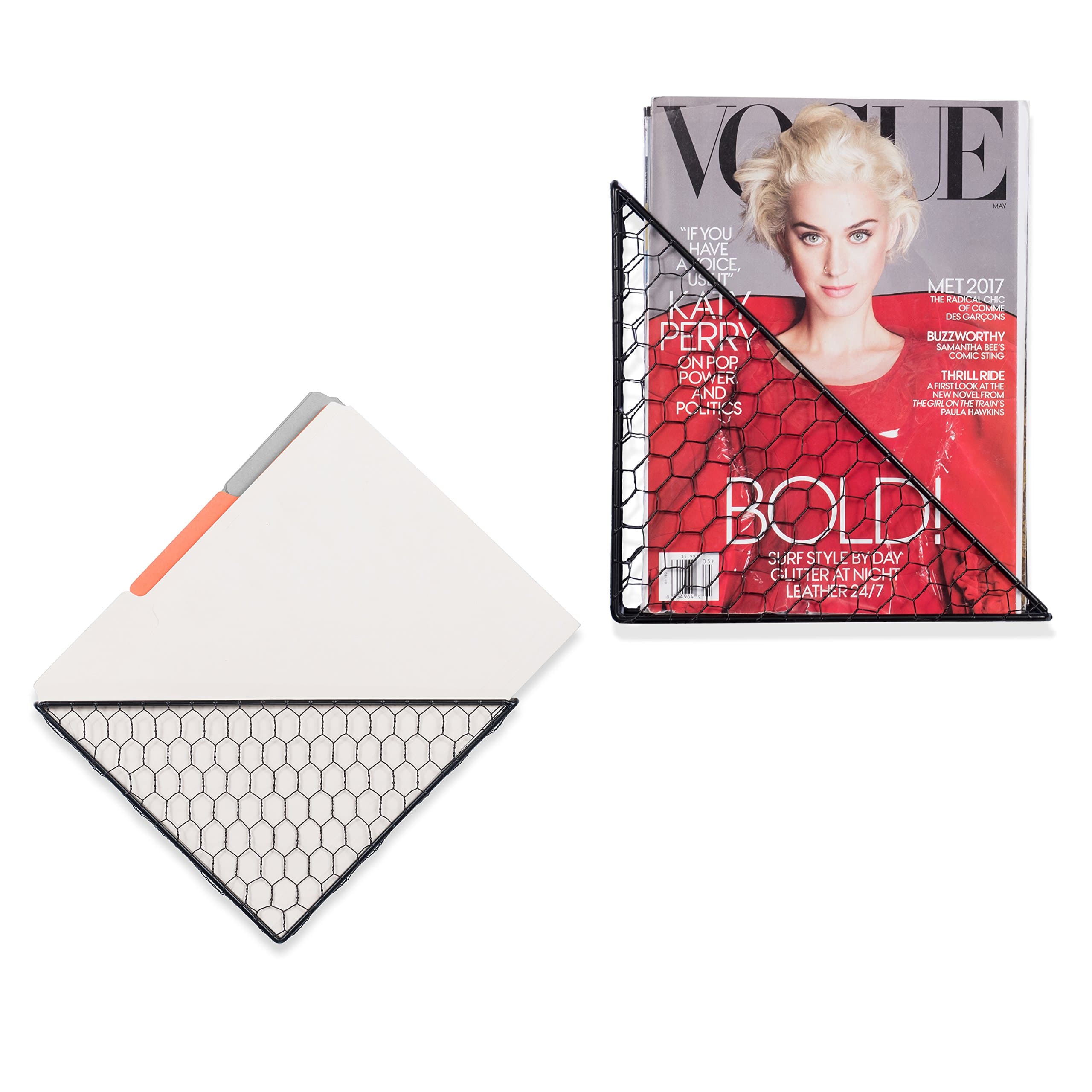 WALL35 Compact Triangle Shaped Playful File Folder Racks Chicken Wire Metal Black Set of 2
