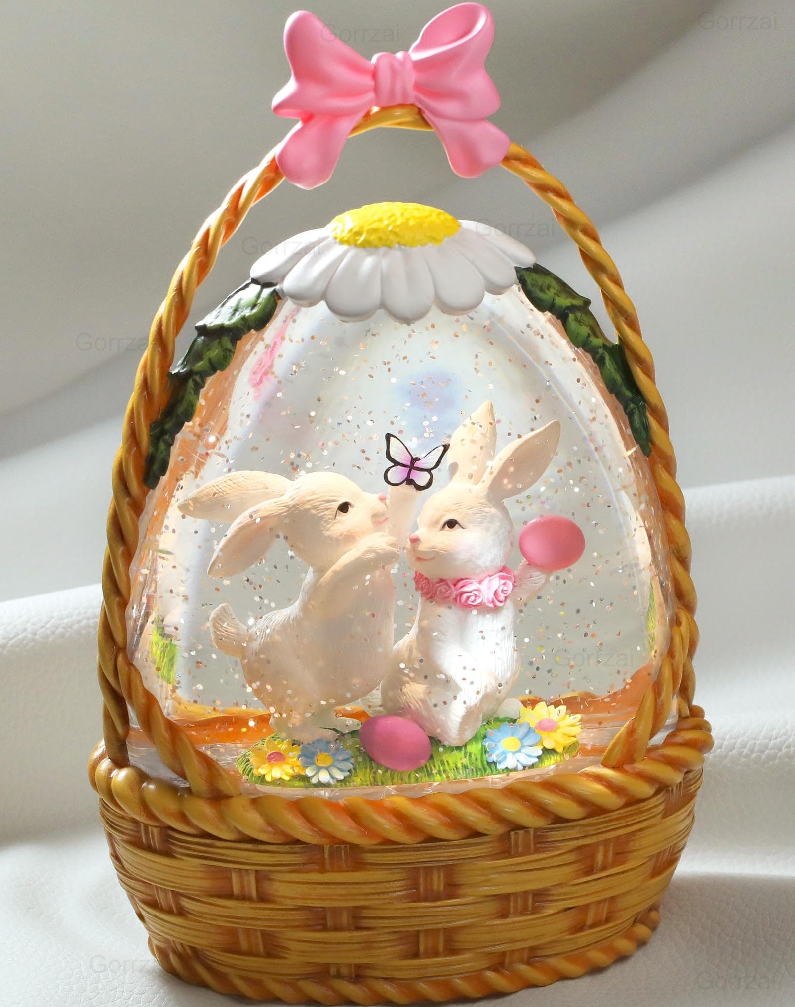 Easter Snow Globe Lantern Easter Decorations for Home with Timer Swirling Glitter, Lighted Easter Decor Indoor Easter Gifts with Easter Basket Bunny Eggs, USB or Battery Operated