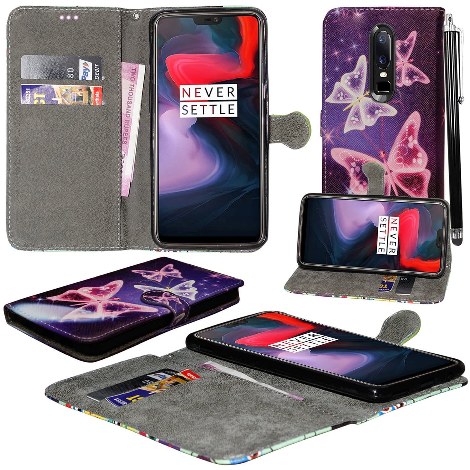 Mobile Stuff OnePlus 6 Case, Leather Wallet Case Protector Flip Cover with Kickstand Card Holder Card Slots Black PU Leather for OnePlus 6 (Butterfly Blue Book)