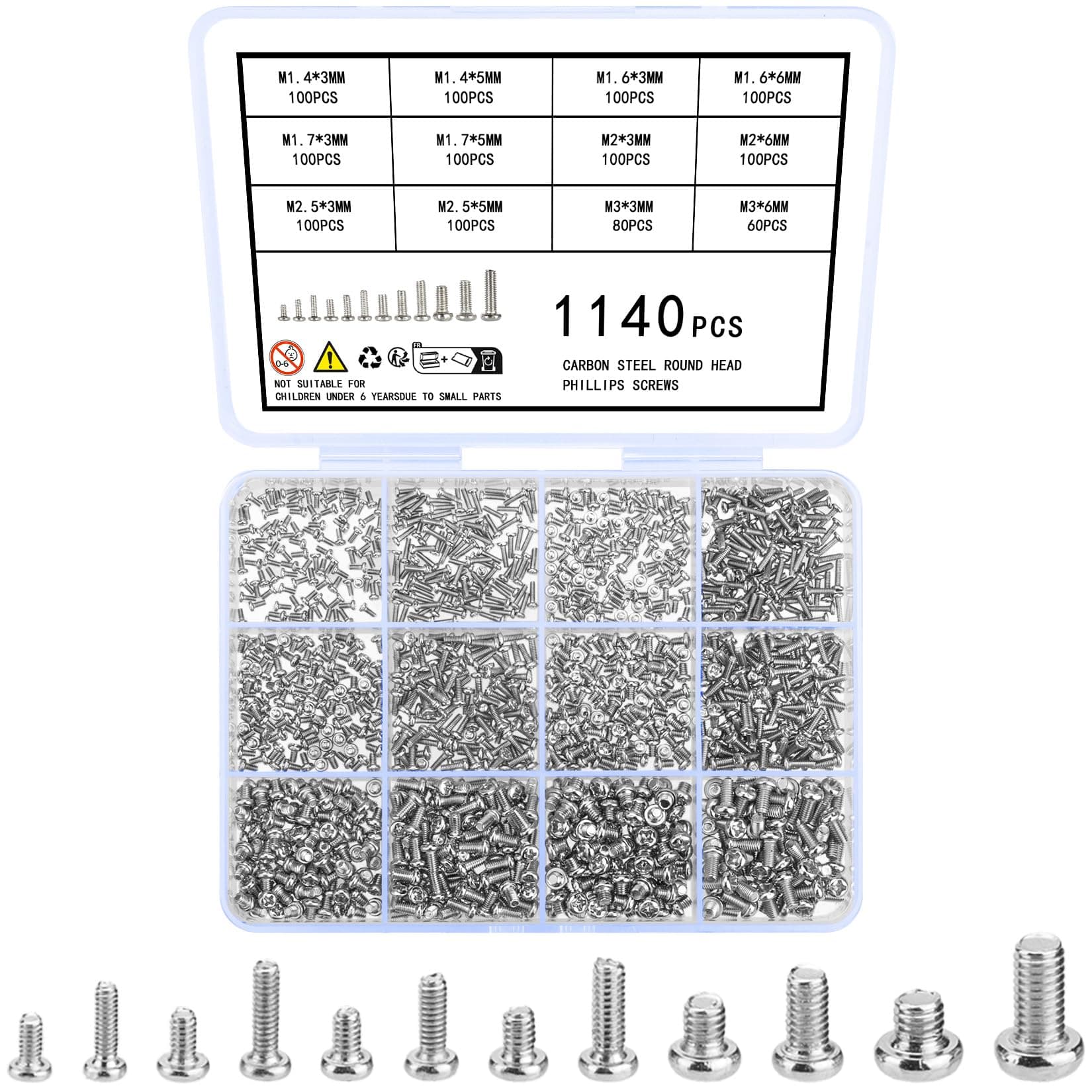 1140 Pcs Tiny Screws for Electronics, M1.4 M1.6 M1.7 M2 M2.5 M3 Round Head Mini Screws, Replacement Computer, Small Machine Assortment Kit (1140)