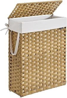 SONGMICS Slim Dirty Laundry Basket, Synthetic Rattan Basket 55 L with Lid and Handles, Wicker, Foldable, Removable Liners, for Blankets, Clothes, Bedroom, Bathroom, Laundry, Yellow Goose LCB164N01