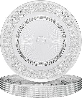 Khen Art Deco Vintage Crystal Glass Plates, Set of 6, 10.5' Dinner Plates - Dessert, Server Appetizer Plate, Snack Fruit, Side Serveware, Dishwasher Safe, 100%, Borosilicate Glass