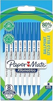 Paper Mate Kilometrico Ballpoint Pens | Long Writing with Medium Point (1.0mm) | Blue Ink | 80% Recycled Plastic | 8 Count