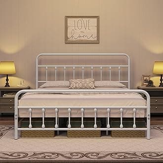 Topeakmart King Size Victorian Style Metal Bed Frame with Headboard/Mattress Foundation/No Box Spring Needed/Under Bed Storage/Strong Slat Support White
