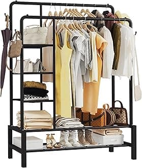 Heavy Duty Clothes Rail, 120KG Black Metal Rack With Double Hanging Clothing Rail, Shoe Rack, Storage Shelves & 4 Coat Hooks, Wardrobe Clothes Rails For Bedroom Office Shop