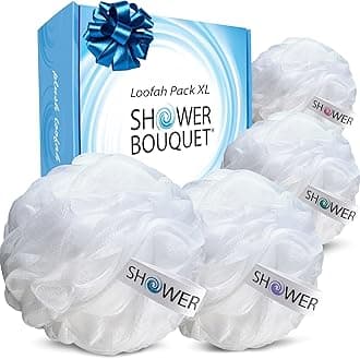 SHOWER BOUQUET Loofah Soft-White-Cloud XL Bath-Sponge 4-Pack // Extra Large 75g Mesh Loofa Lufa Pouf Set for Men and Women - Exfoliate with Big Gentle Cleanse Scrubber in Beauty Bathing Accessories
