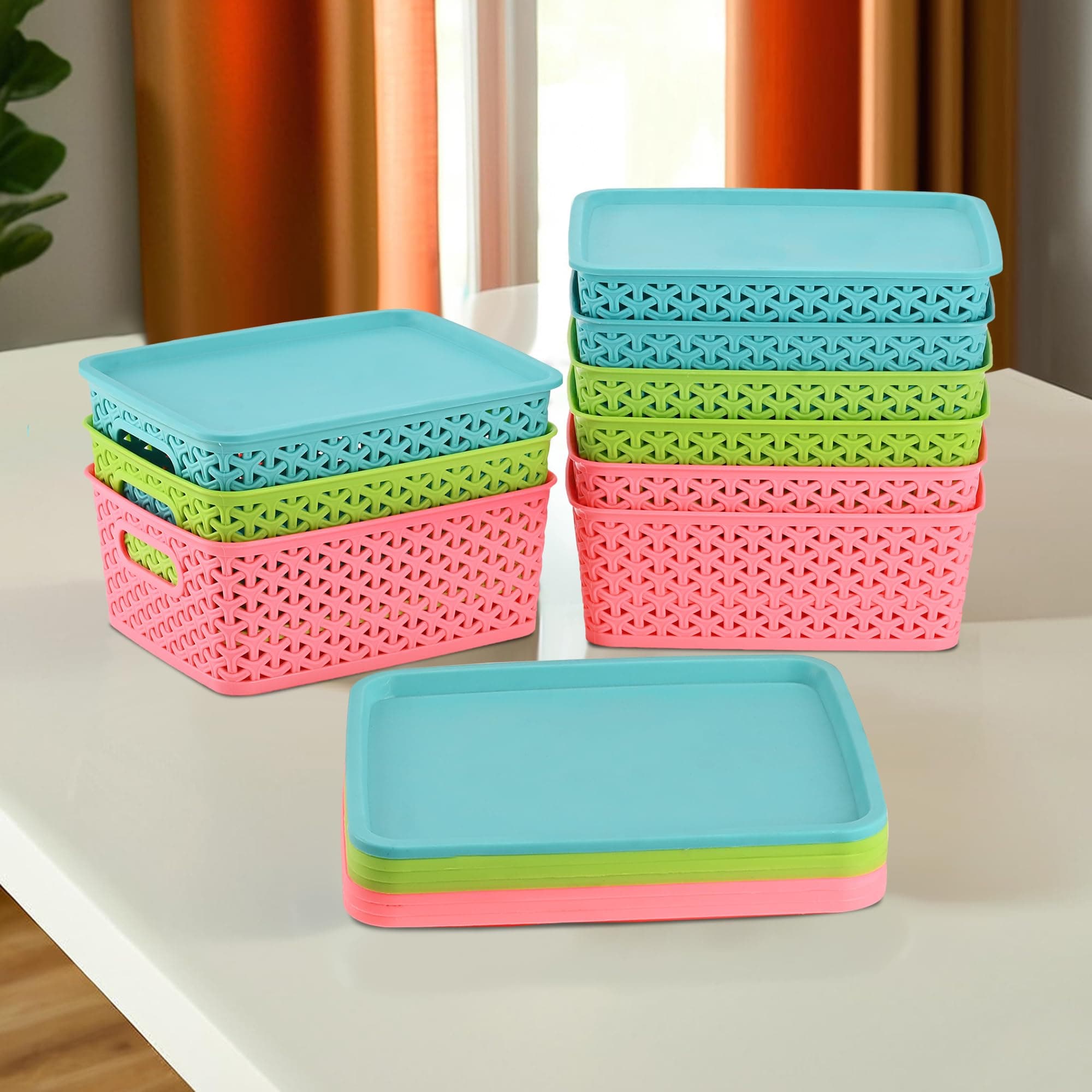 Kuber Industries 9 Pcs Stackable Plastic Storage Box with Lid | H3 Multi-Purpose Basket for Storage - Ideal Home Organizers for Baby Dress, Stationary, Medicine & Pooja Items | Multicolor