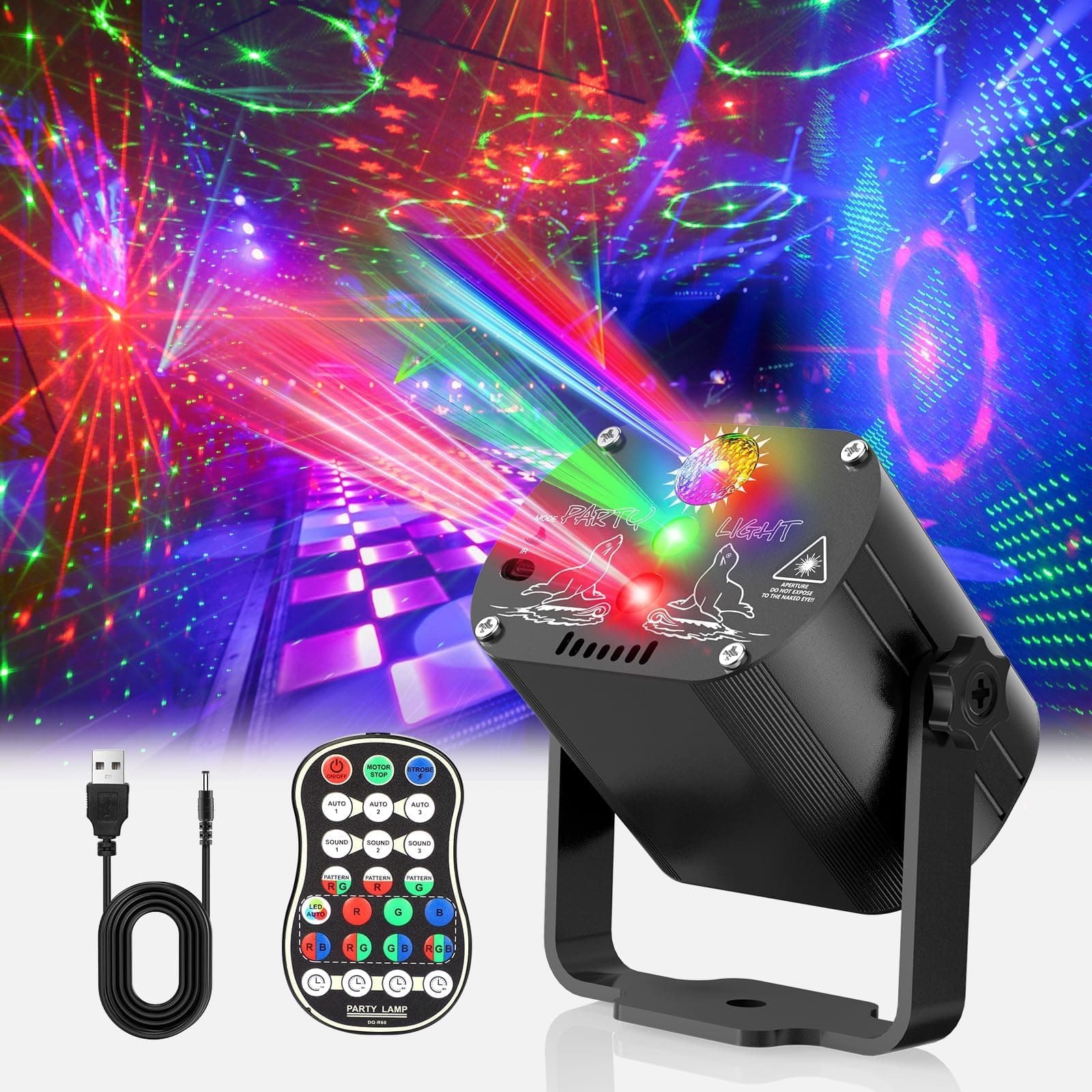 Tyonto Disco Ball, Music Controlled Light With 60 Patterns, Strobe Effect With Remote Control and 2 m USB for Family Party, Children, Club, Birthday
