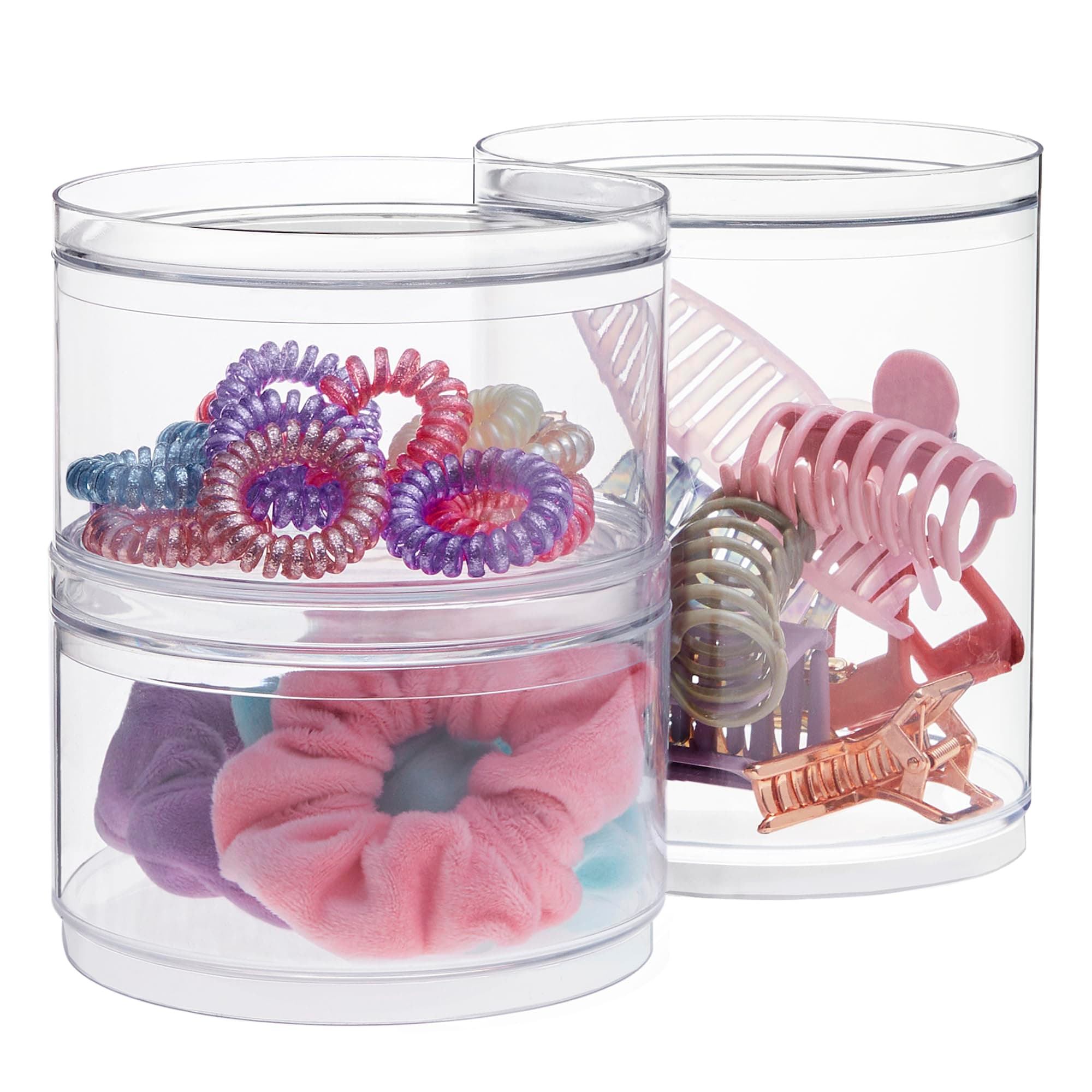 STORi Bella Tall Scrunchie Holder | Stackable Clear Plastic Container (Set of 2) Round Vanity Storage Organizers with Lids for Hair Accessories & Beauty Supplies | Made in USA