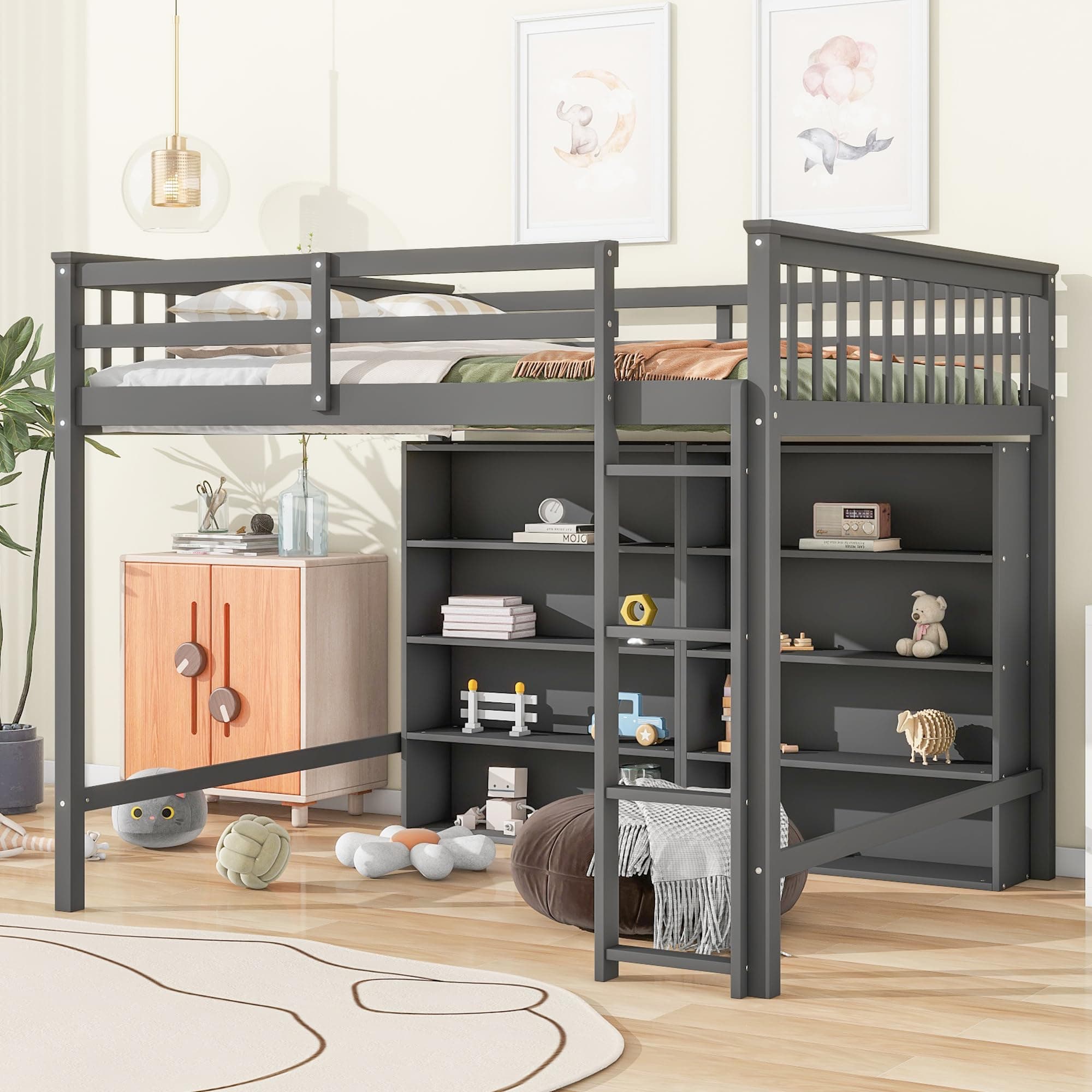 SOFTSEA Full Size Loft Bed With Storage, Solid Wood Frame, Multi-Functional Open Shelves, Ladder for Kids, Teens, Boys, Girls - Gray