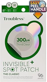 Troubless Invisible Spot Patch- Classic| Hydrocolloid Acne Pimple Patch| Ultra-Thin Spot Clear Patch| Easy Peel Handle| Daytime| 96 Patches (Pack of 96)