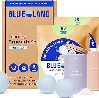 BLUELAND Laundry Essentials Kit, Fragrance Free & Clear - Plastic-Free Laundry Detergent Tablets, Oxi Booster, and Reuseable Natural Wool Dryer Balls