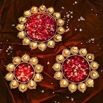DecorTwist® Metal Diya Design Decorative Urli Bowl for Home Handcrated Bowl for Floating Flowers and Tea Light Candles Home Office and Table Decor Diwali, Navratri Decorative Gifts Item (Set of 3)