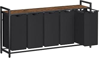 VASAGLE Laundry Hamper, Laundry Basket, Laundry Sorter with 5 Pull-Out and Removable Bags, Shelf, Metal Frame, 5 x 10.6 Gallons (40 L), 56.5 x 13 x 28.4 Inches, Ink Black and Rustic Brown UBLH501B01