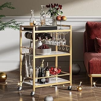TUTOTAK Bar Cart - Serving Cart for Home - Microwave Cart, Drink Cart, Mobile Kitchen Shelf with Wine Rack and Glass Holder, Rolling Beverage Cart BC01BMG030