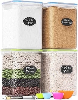 Chef's Path Kitchen Storage Box Set of 4 Extra Large Airtight Food Storage Jars for Sugar Flour Cereal Rice - Measuring Spoons, Pen and Food Preservation Labels (5.2 L)