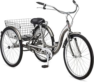 Schwinn Meridian Adult Tricycle, with Low Step-Through Aluminum Frame, Front and Rear Fenders, Adjustable Handlebars, Large Cruiser Seat, and Rear Folding Basket