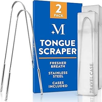 Mouthology Tongue Scraper (2 Pack), Reduce Bad Breath (Travel Cases Included), Stainless Steel Tongue Cleaners, Metal Tongue Scraper, Tongue Scraper for Adults - Fresher Breath in Seconds