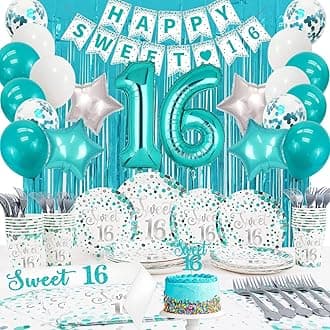 Sweet 16 Party Decorations - Teal Plates, Napkins, Balloons, Sash, Caketopper, Metallic Curtains, Tablecover for 20 Guests