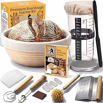 Sourdough Starter Kit for Beginners – 9” Banneton Bread Proofing Basket with 24oz Glass Sourdough Starter Jar & Sourdough Bread Baking Supplies, Easy No-Fail Kit, Gift for Home Bakers