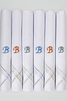 Men's Initial Monogram (A-Z) Embroidery 100% Pure Cotton Handkerchief White Base With Colored Border - Pack Of 6