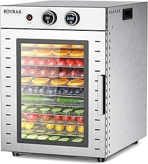 ROVRAkFood Dehydrator for Jerky, Fruit, Meat, Herbs, 12-Tray Stainless Steel Dehydrator Machine, Double-Layer Insulation, Adjustable Timer, Temperature Control, Overheat Protection (67 Recipes)