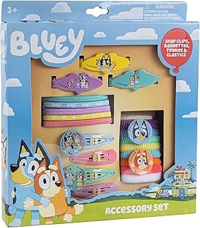 Bluey Girls 20 Piece Accessory Set with 3 Barrettes, 4 Snap Hair Clips, 5 Elastics and 8 Terry Ponies- Ages 3+