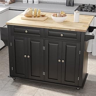 Gitua Rolling Kitchen Island with Drop Leaf – Movable Kitchen Carts on Wheels Island with Storage Cabinet, Island Table for Kitchen with Rubber Wood Top and Rack and Drawer, Matte, Black
