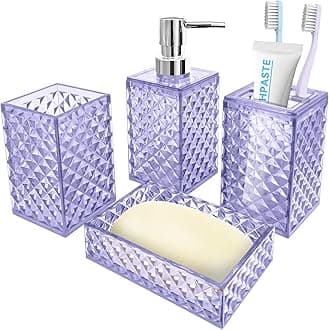 Bathroom Accessory Set, 4 PCS Light Purple Bathroom Accessories Set, Soap Dispenser and Toothbrush Holder Set, Soap Dish and Mouthwash Cup, Boho Bathroom Decor, Bathroom Sets Accessories