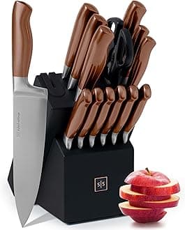 Copper Knife Set with Block and Sharpener – 14-PC Copper Kitchen Knives with Built-In Sharpener & Black Block