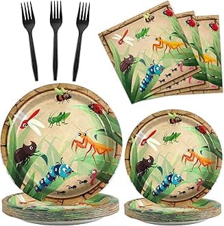 Qyeahkj 100 Pcs Bug Party Plates Napkins Supplies, Spring Summer Ladybugs Bee Reptile Birthday Party Tableware Set Insect Birthday Party Decorations Favors for Boys Girls Serve 25