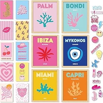 97 Decor Preppy Wall Art - Beachy & Pink Room Decor, Unframed Posters (8x10) & Collage Cards (4x6), 16 Pcs Set