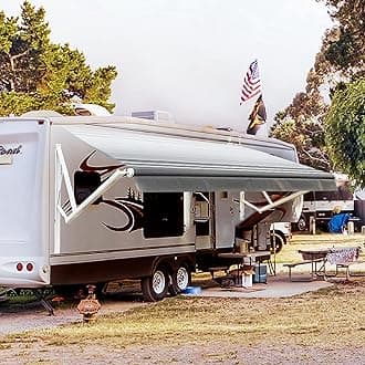 - Awnlux White Motorized Modular Retractable RV Awning Full Set Assemblies for RV, 5th Wheel, Travel Trailers, Toy Haulers, and Motorhome-RV Trailer Awning for Home or Camper-10x8 Ft-Black Strip-
